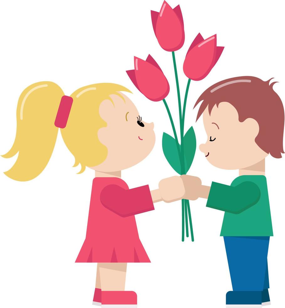 första oskyldiga kärleken. liten pojke som ger blomma till liten flicka. platt tecknad vektorillustration. kärlekskort vektor
