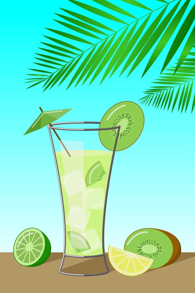 kiwi cocktail på en palm bakgrund. platt tecknad vektorillustration vektor