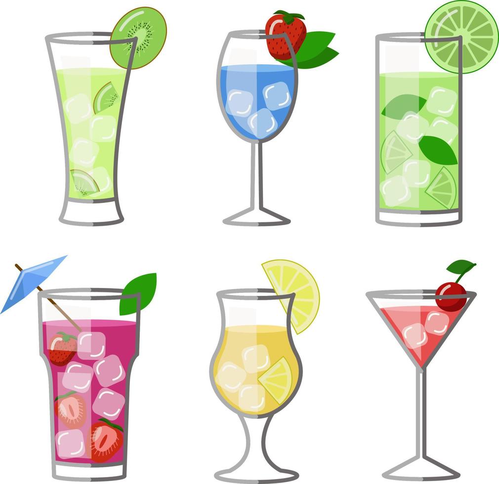 en samling cocktails, alkoholhaltiga och alkoholfria sommardrinkar med isbitar av citron, lime, mynta och andra frukter och bär. lämplig för reklamprodukter. tecknad vektorillustration vektor