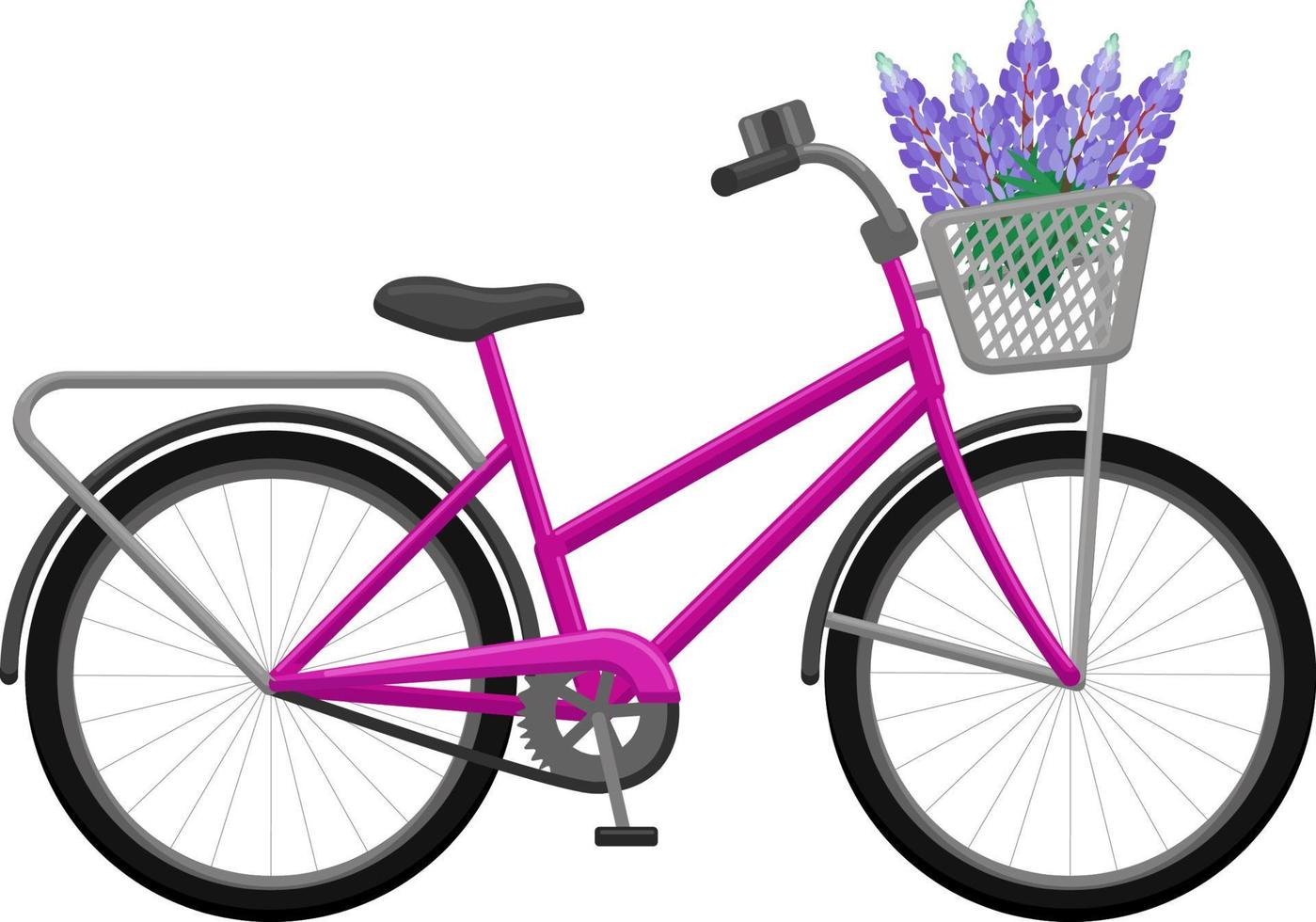 rosa cykel med en korg med sommarblommor. lupin. romantisk bild. tecknad vektorillustration vektor