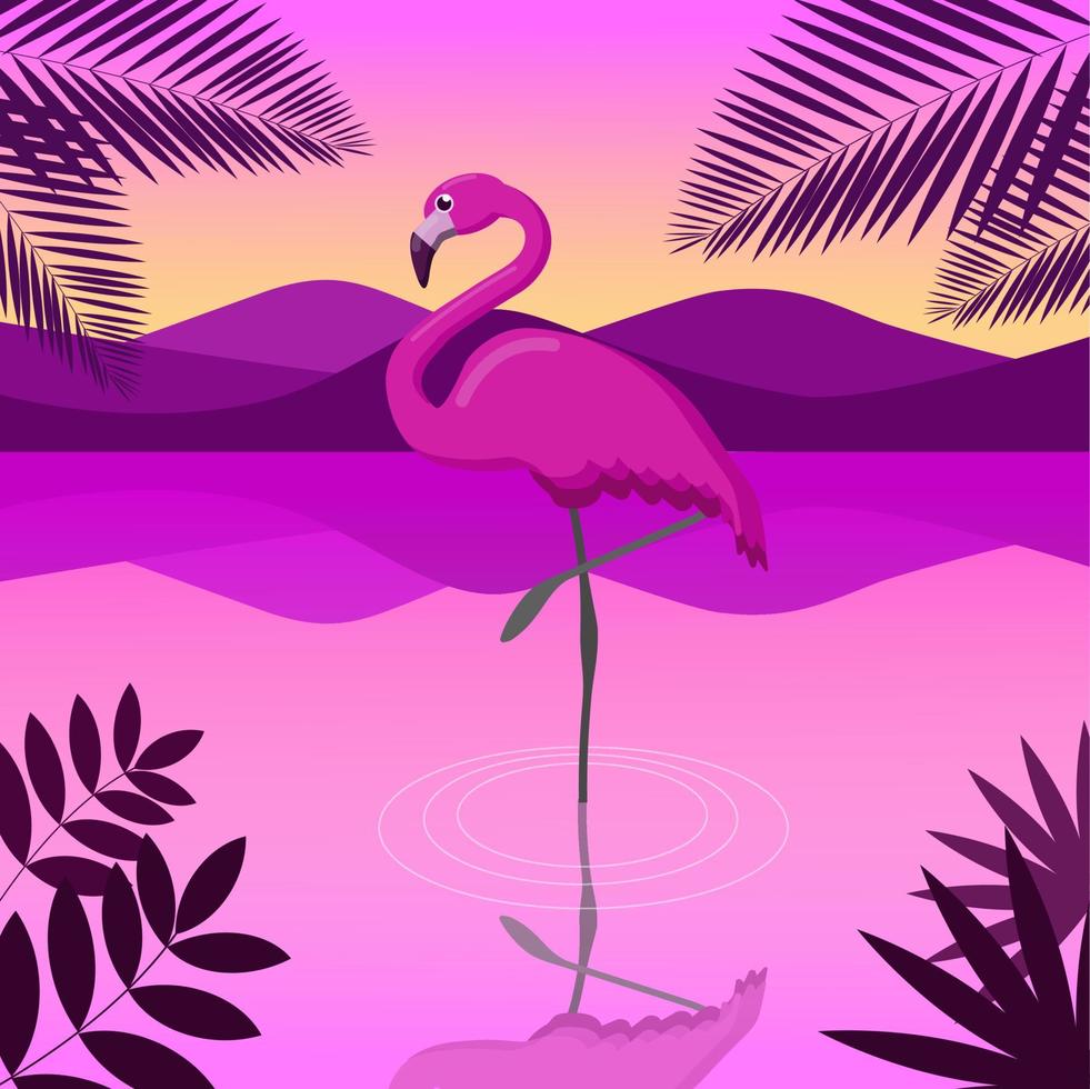 rosa flamingo vid solnedgången. tropiskt landskap. lämplig för vykort, banderoller. platt tecknad vektorillustration vektor