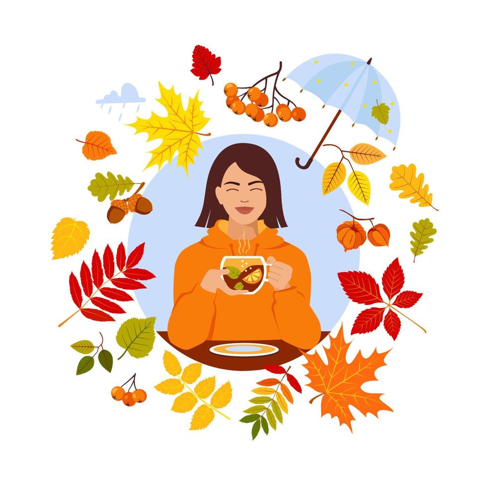 Herbststimmung. Vektorset mit glücklicher Frau, Blättern, Tasse Tee, Regenschirm, Vogelbeeren. vektor
