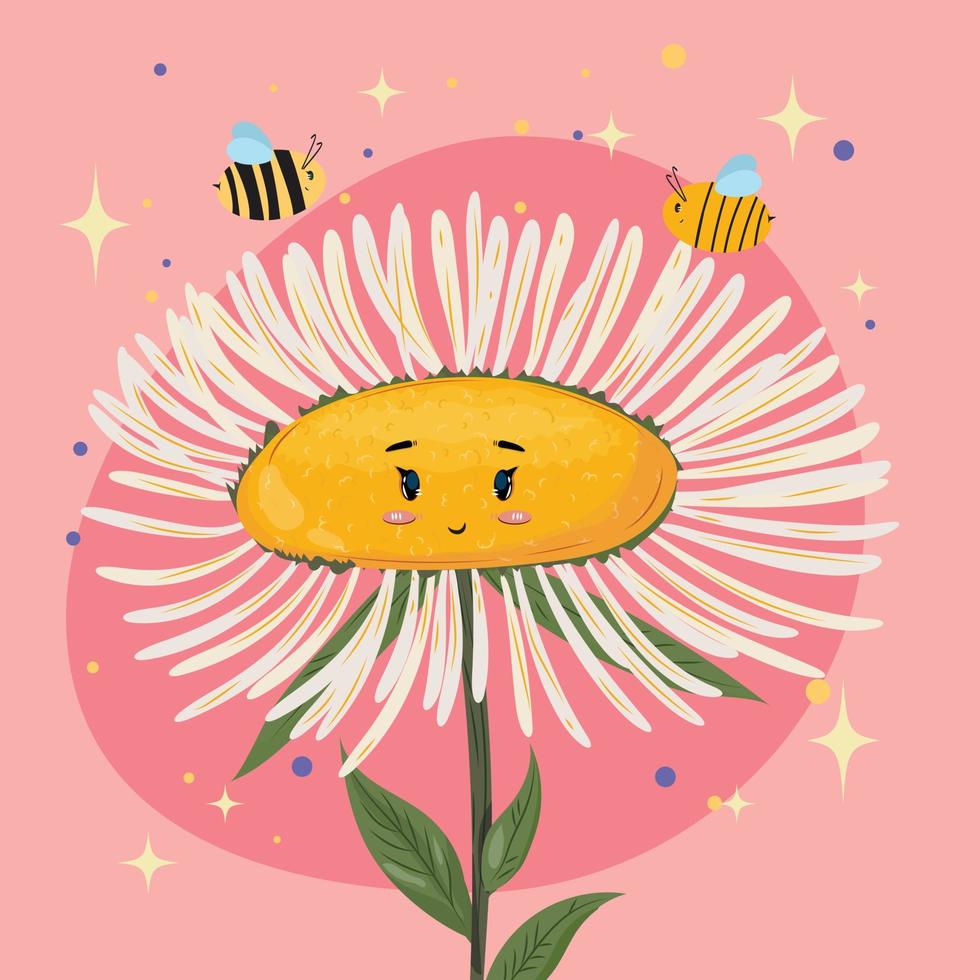 süße Blume mit Bienen. sommer, frühlingsillustration. hand gezeichnete illustration im flachen karikaturstil. für Drucke, Karten, Poster. Vektor-Illustration vektor