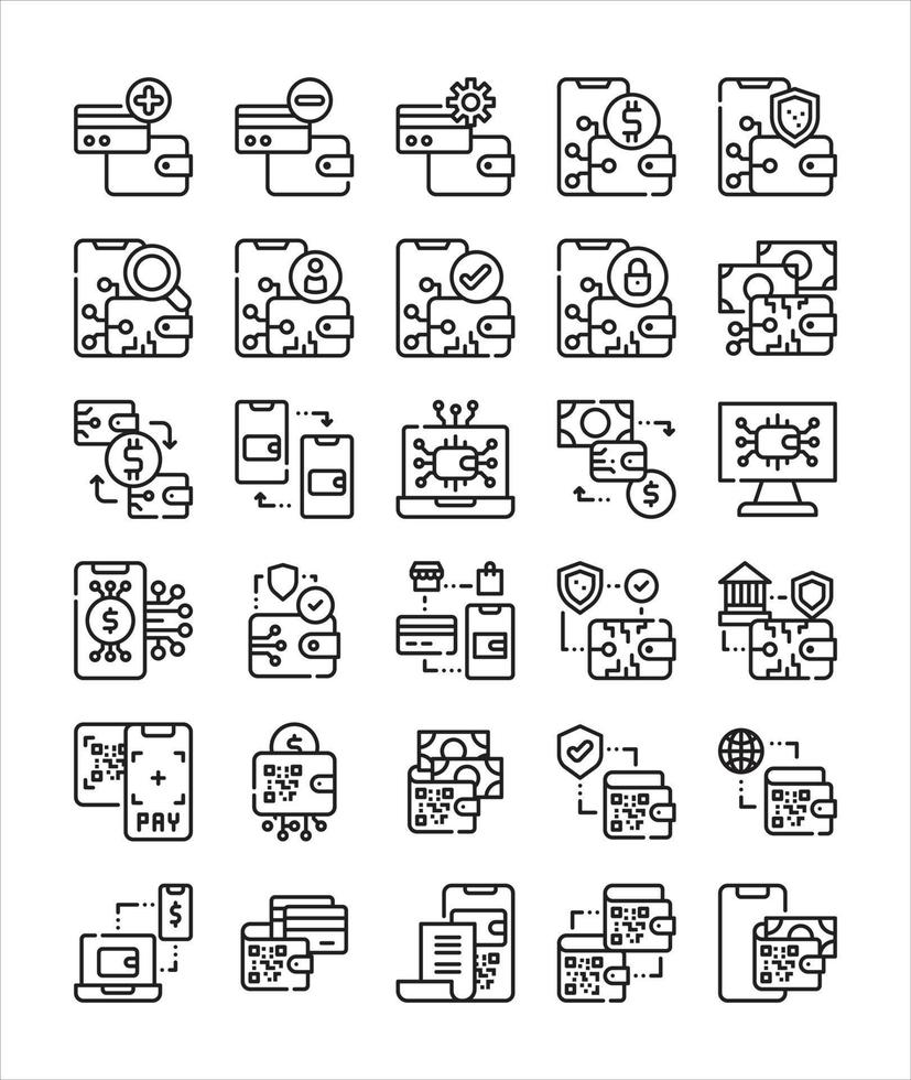 uppsättning av digital plånbok teknik enkel linje ikon vektor