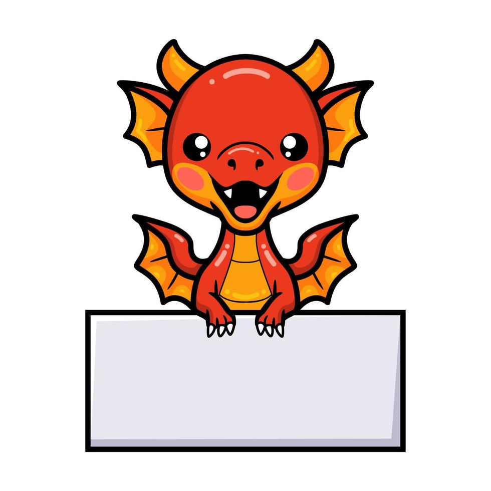 niedlicher roter kleiner drache-cartoon mit leerem zeichen vektor