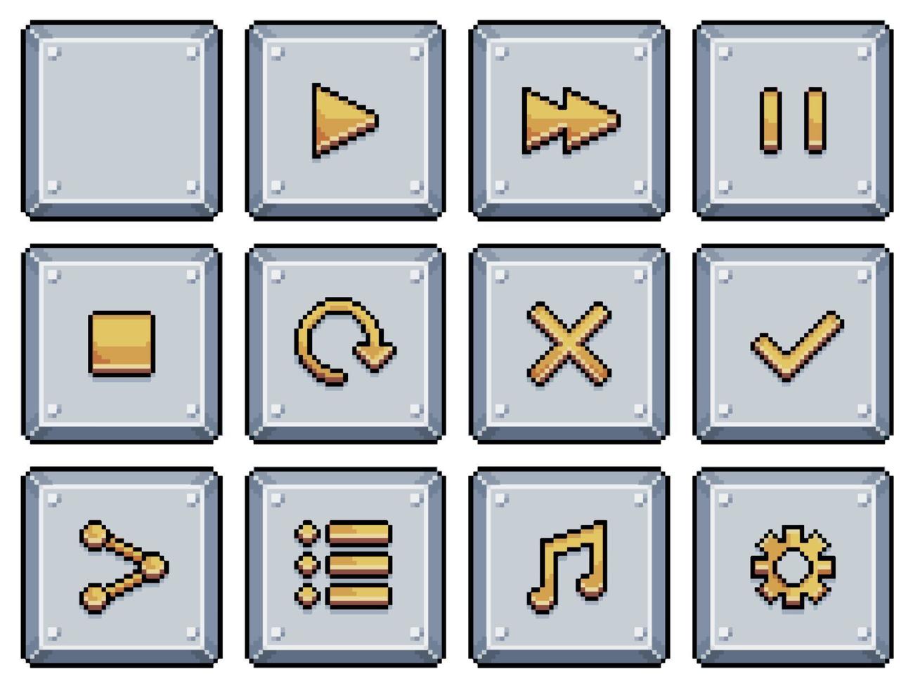 Pixel-Art-Metallic-Stil-Tasten für Spiel- und App-Interface-Vektorsymbol für 8-Bit-Spiel auf weißem Hintergrund vektor