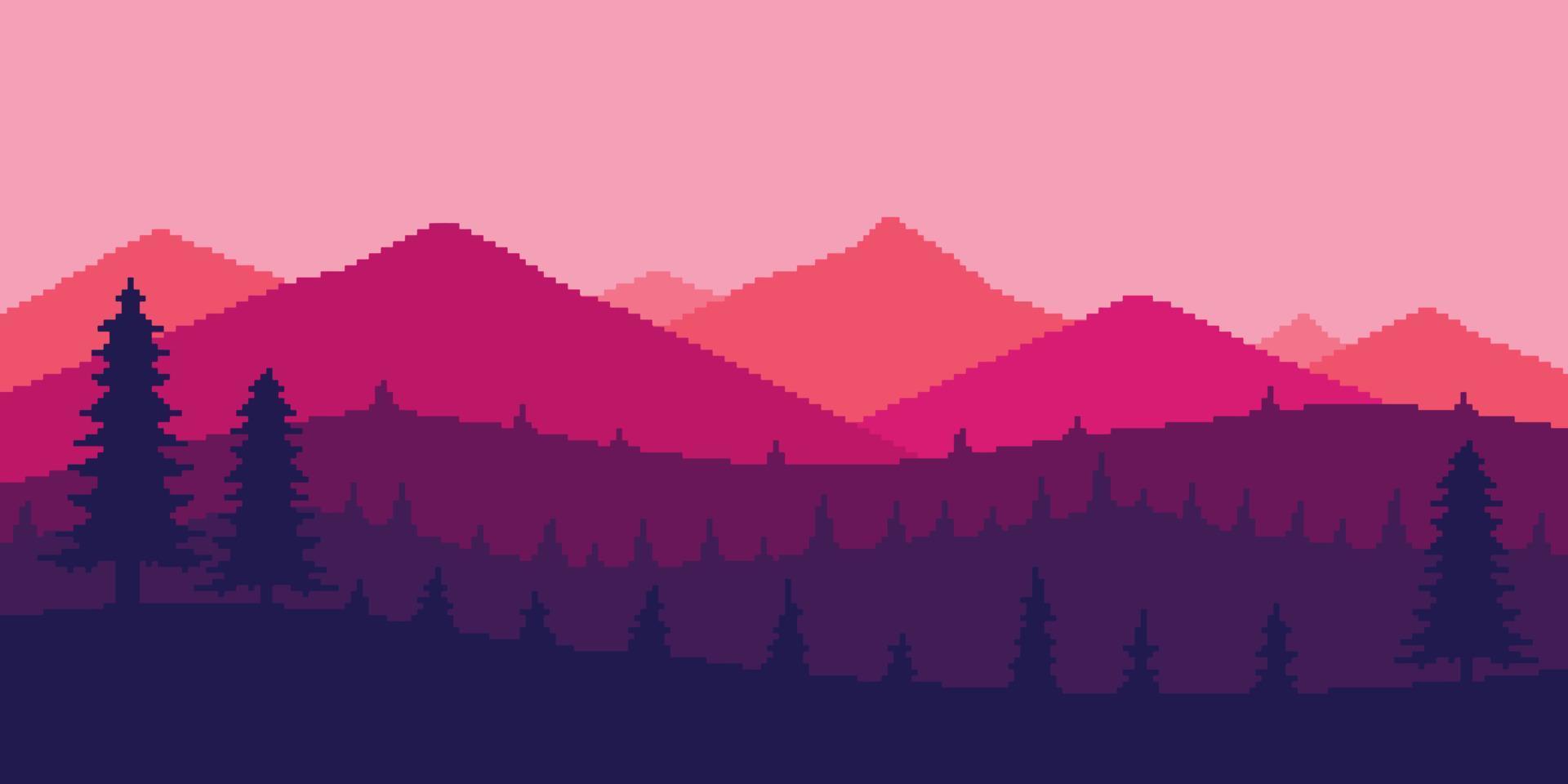 Pixelkunstlandschaftswald in den Bergen bei Sonnenuntergang minimalistischer 8-Bit-Hintergrund. vektor