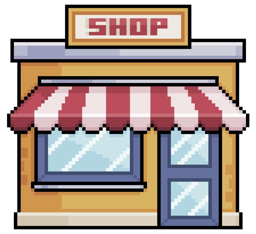 pixel art shop butik med röd markis vektor bygga för 8 bitars spel på vit bakgrund