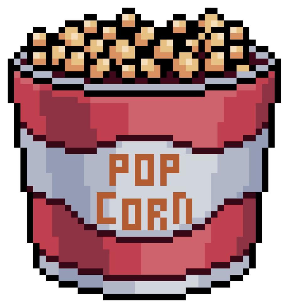 Pixel-Art-Kino-Popcorn-Vektorsymbol für 8-Bit-Spiel auf weißem Hintergrund vektor