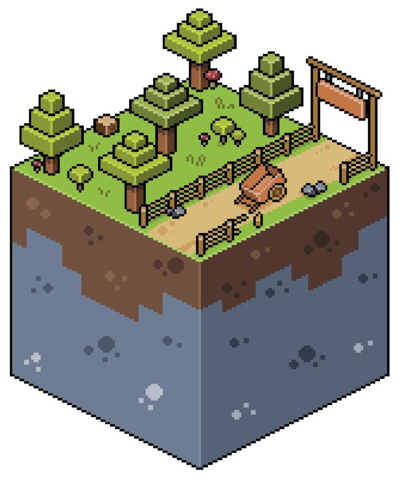 pixel art isometriskt gårdslandskap med väg, träd, vagn och staket. 8-bitars spel vektor