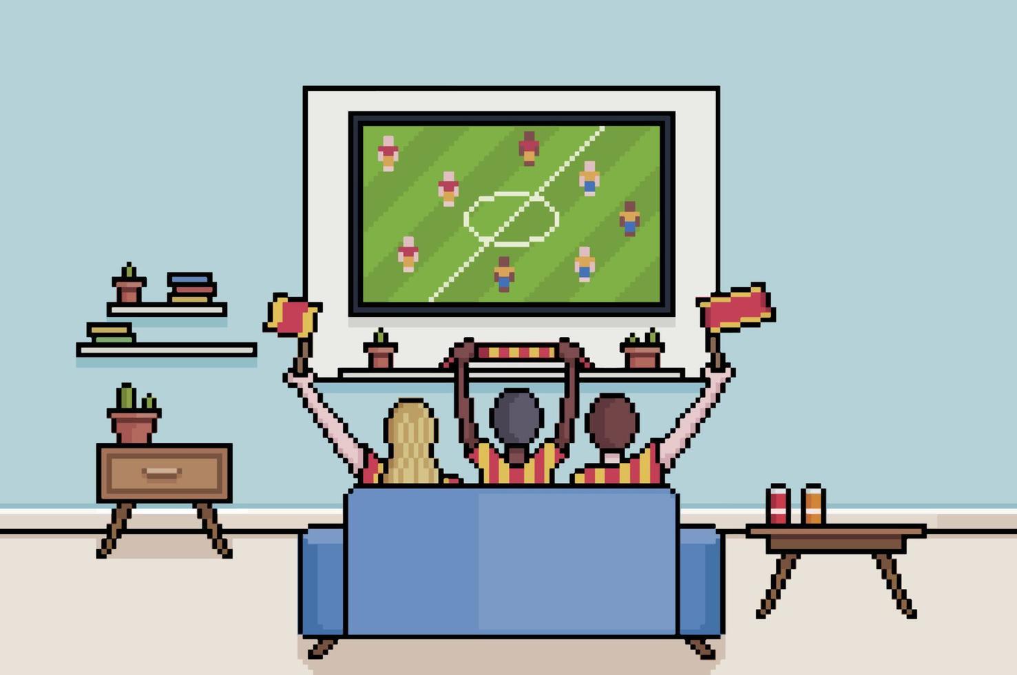 pixelkunstmenschen und fans, die fußball auf dem fernseher im wohnzimmer sehen. 8-Bit-Hintergrund von Menschen, die die Fußballweltmeisterschaft beobachten vektor