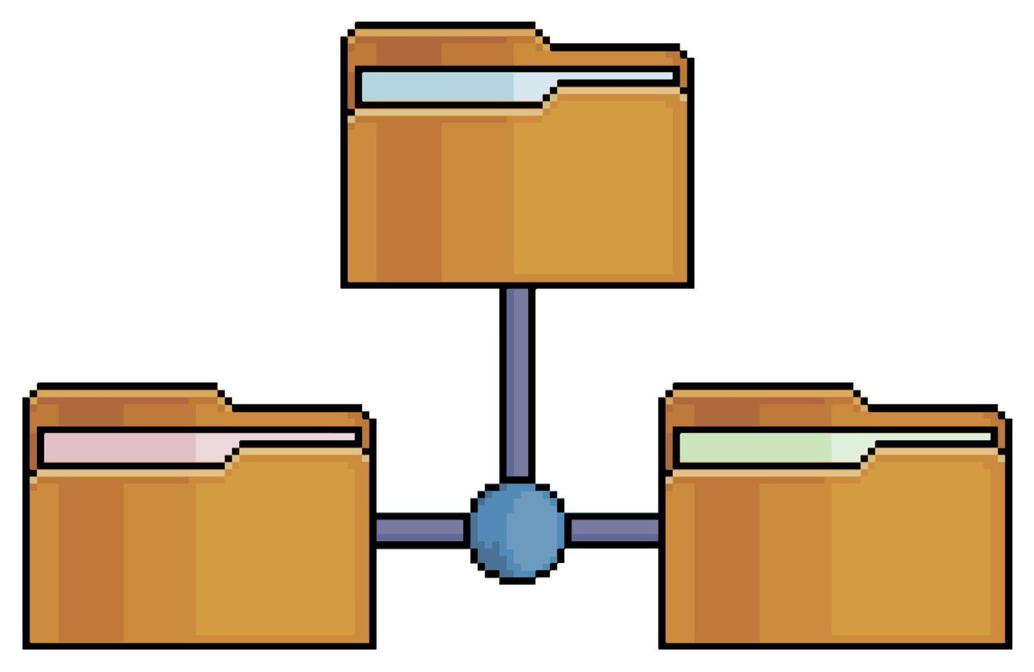 Pixel-Art-Ordner im Netzwerk. Ordnerfreigabe-Vektorsymbol für 8-Bit-Spiel auf weißem Hintergrund vektor