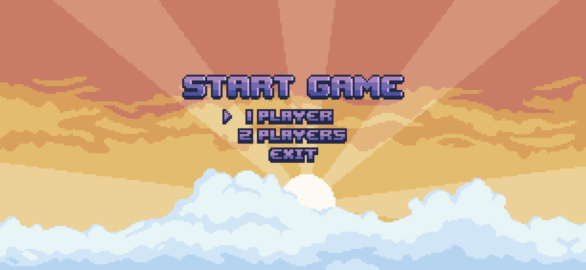 pixel art spelmeny på solnedgångsbakgrundsvektor för 8-bitars spel vektor