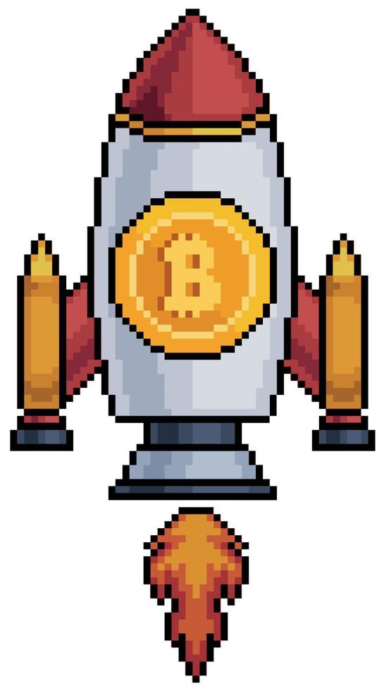 Pixelkunstrakete fliegt mit Bitcoin-Symbol. Bitcoin-Boom. Investition in Kryptowährungen 8-Bit-Vektor auf weißem Hintergrund vektor