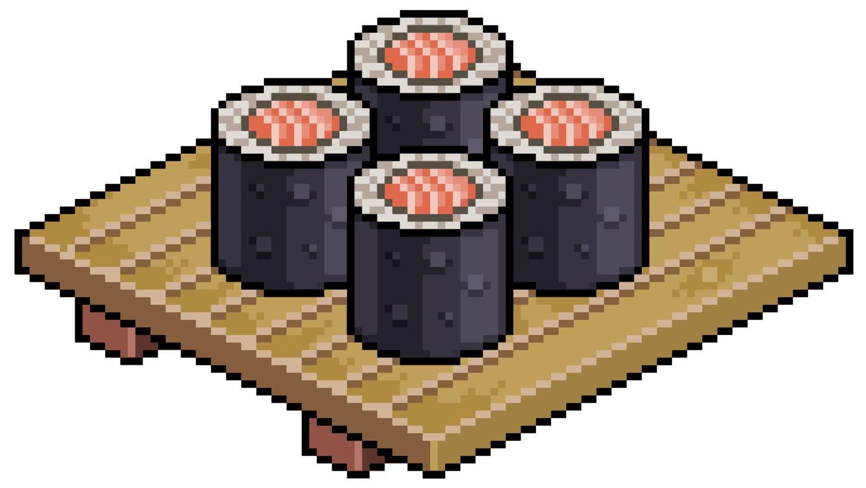 p pixel art japansk mat sushi på träskiva vektor ikon för 8-bitars spel på vit bakgrund