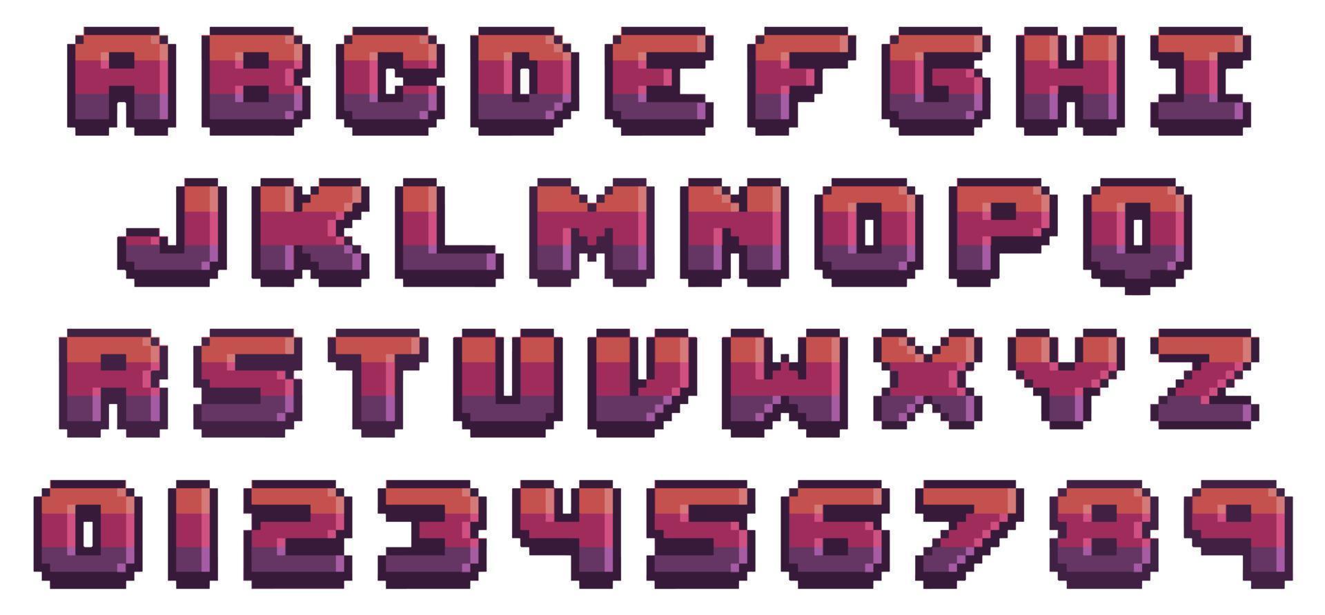Spielschrift in Pixelkunst. Buchstaben und Zahlen im 8-Bit-Stil. Vektoralphabet in Pixel vektor