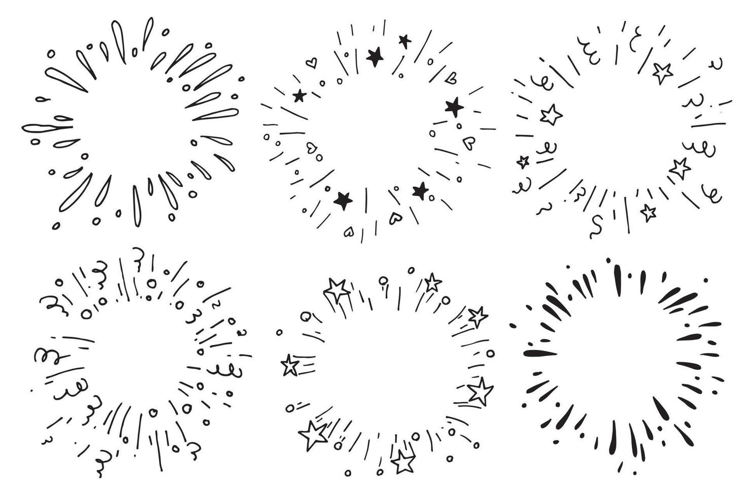 Vektorzeichnung im Stil von Doodle. Reihe von Explosionen, Feuerwerk. festliches feuerwerk mit sternen und luftschlangen vektor