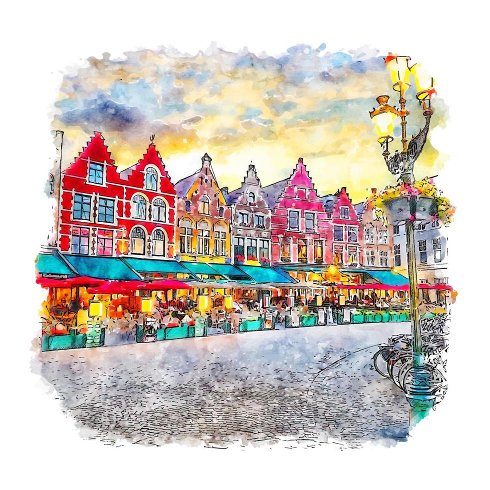 Brugge Belgien akvarell skiss handritad illustration vektor