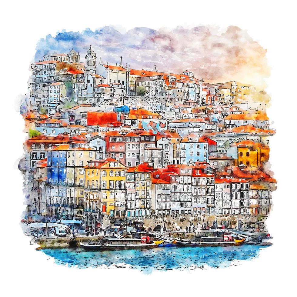 porto portugal akvarell skiss handritad illustration vektor
