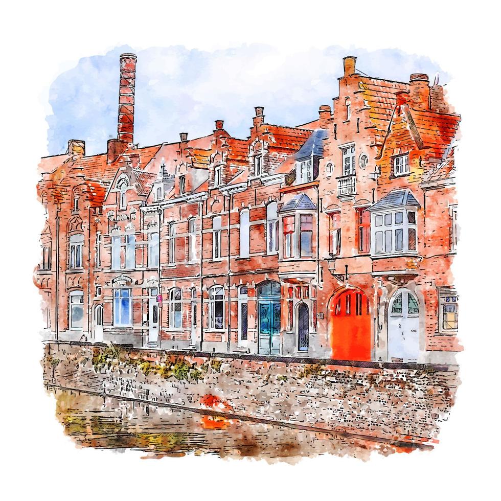 Brugge Belgien akvarell skiss handritad illustration vektor