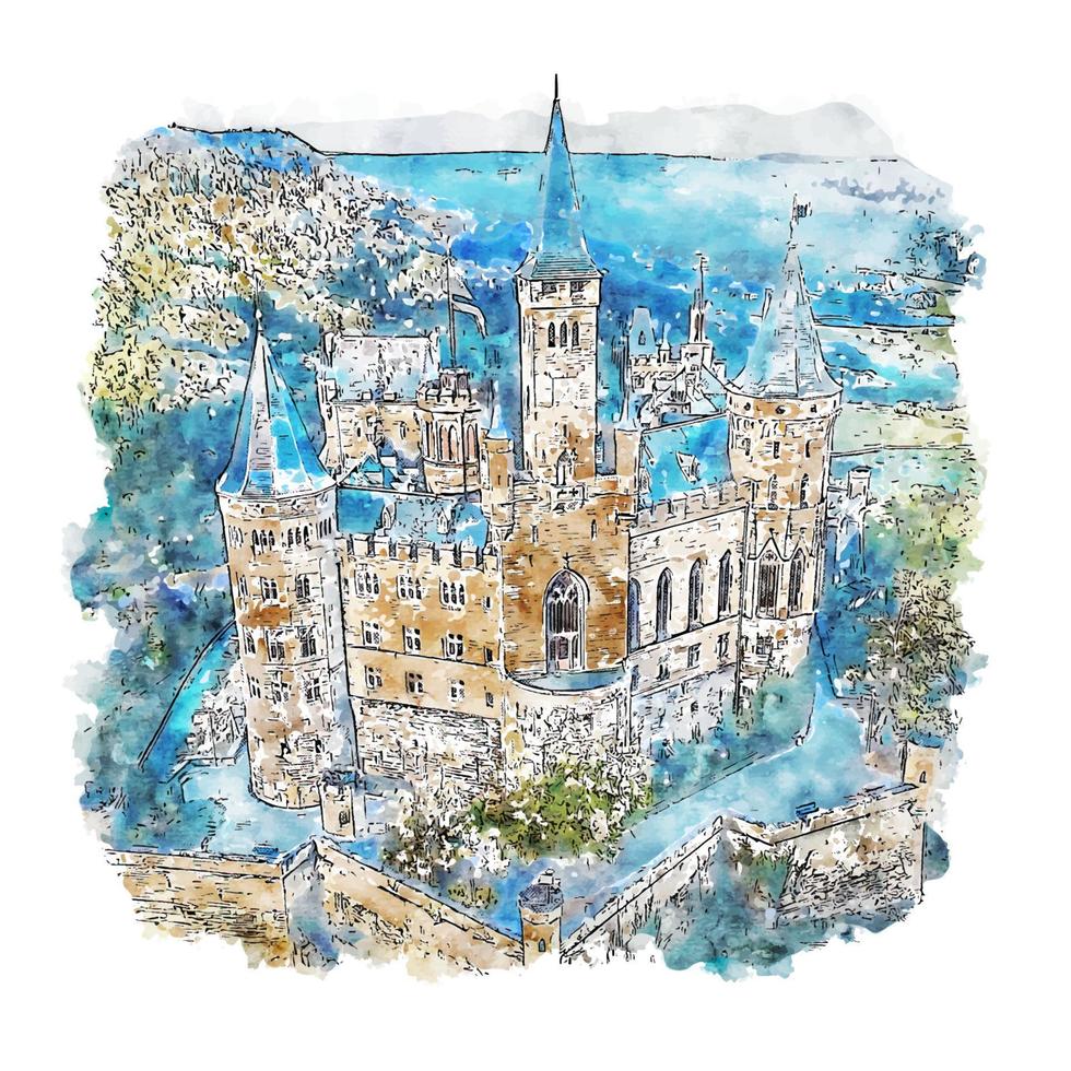 schloss hohenzollern deutschland aquarell skizze hand gezeichnete illustration vektor