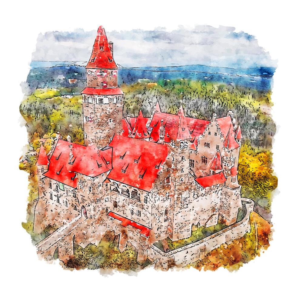 hrad bouzov schloss aquarellskizze handgezeichnete illustration vektor