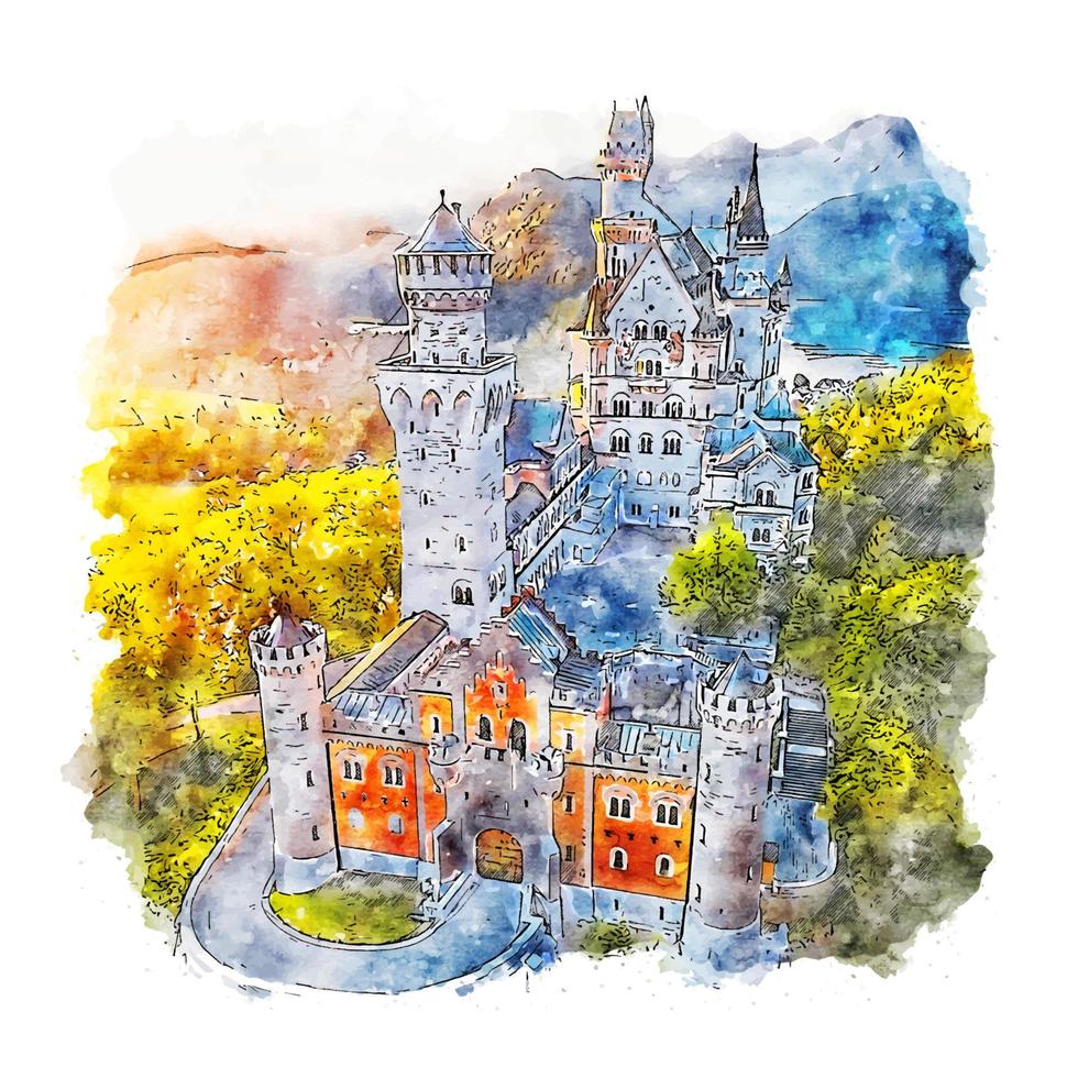 schloss neuschwanstein Tyskland akvarell skiss handritad illustration vektor