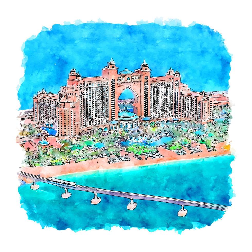 atlantis die palme dubai vereinigte arabische emirate aquarellskizze handgezeichnete illustration vektor