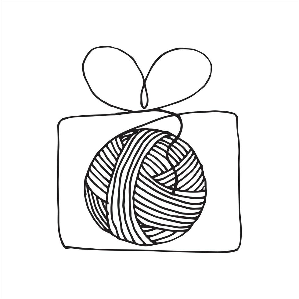 Vektorillustration im Doodle-Stil. ein Wollknäuel in einer Geschenkbox. einfaches Zeichnen eines Wollknäuels zum Stricken, Häkeln. garnladensymbol, handwerk, handarbeit. Urlaubsgeschenk vektor