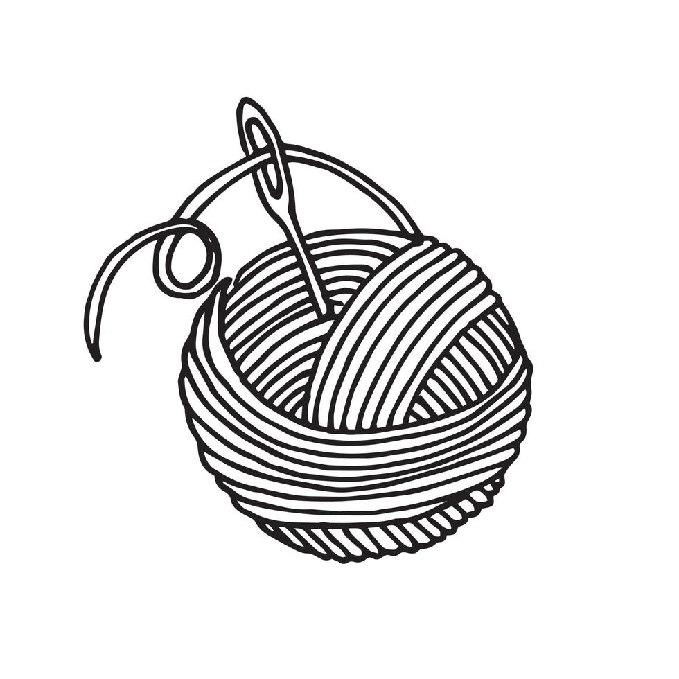 Vektorillustration im Doodle-Stil. ein Fadenknäuel mit einer Nadel. symbol für stricken, nähen, häkeln. Knäuel aus Wollfaden mit Nähnadel isoliert auf weißem Hintergrund vektor