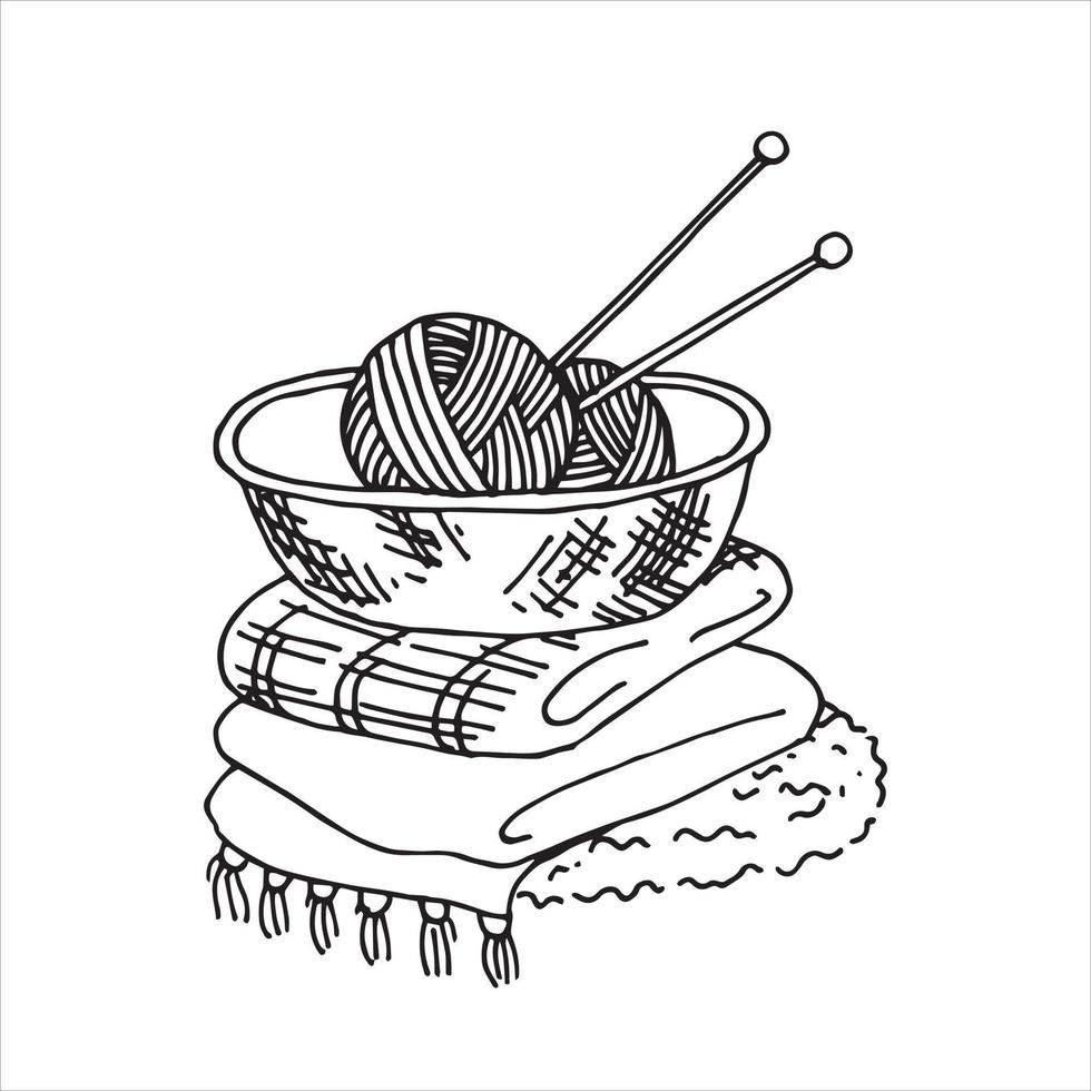 Vektor-Illustration im Doodle-Stil Korb mit Garn zum Stricken, Stricknadeln, Häkelnadel. gemütlicher Korb für Heimwerker, Hobbysymbol, handgefertigt vektor