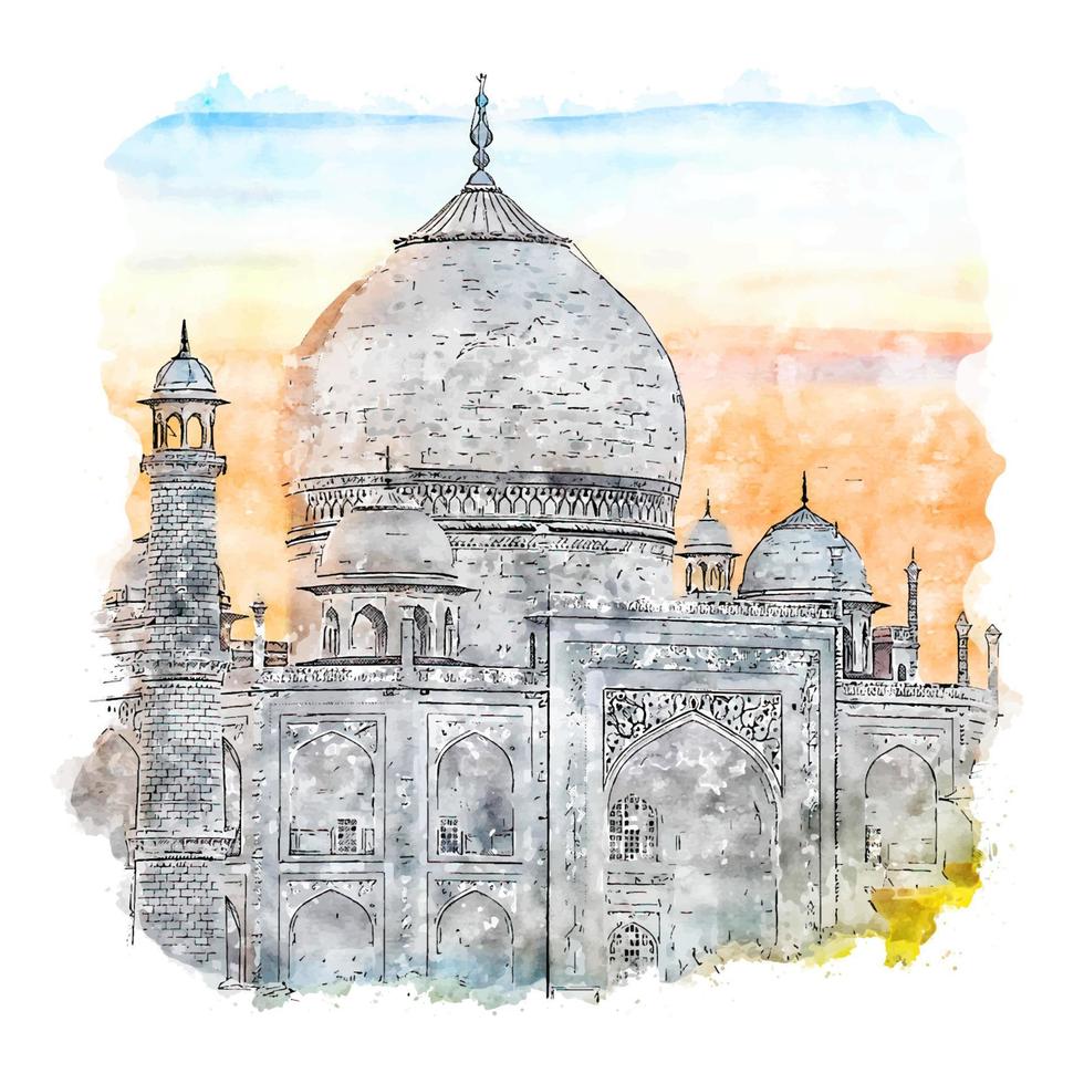 taj mahal indien aquarell skizze handgezeichnete illustration vektor