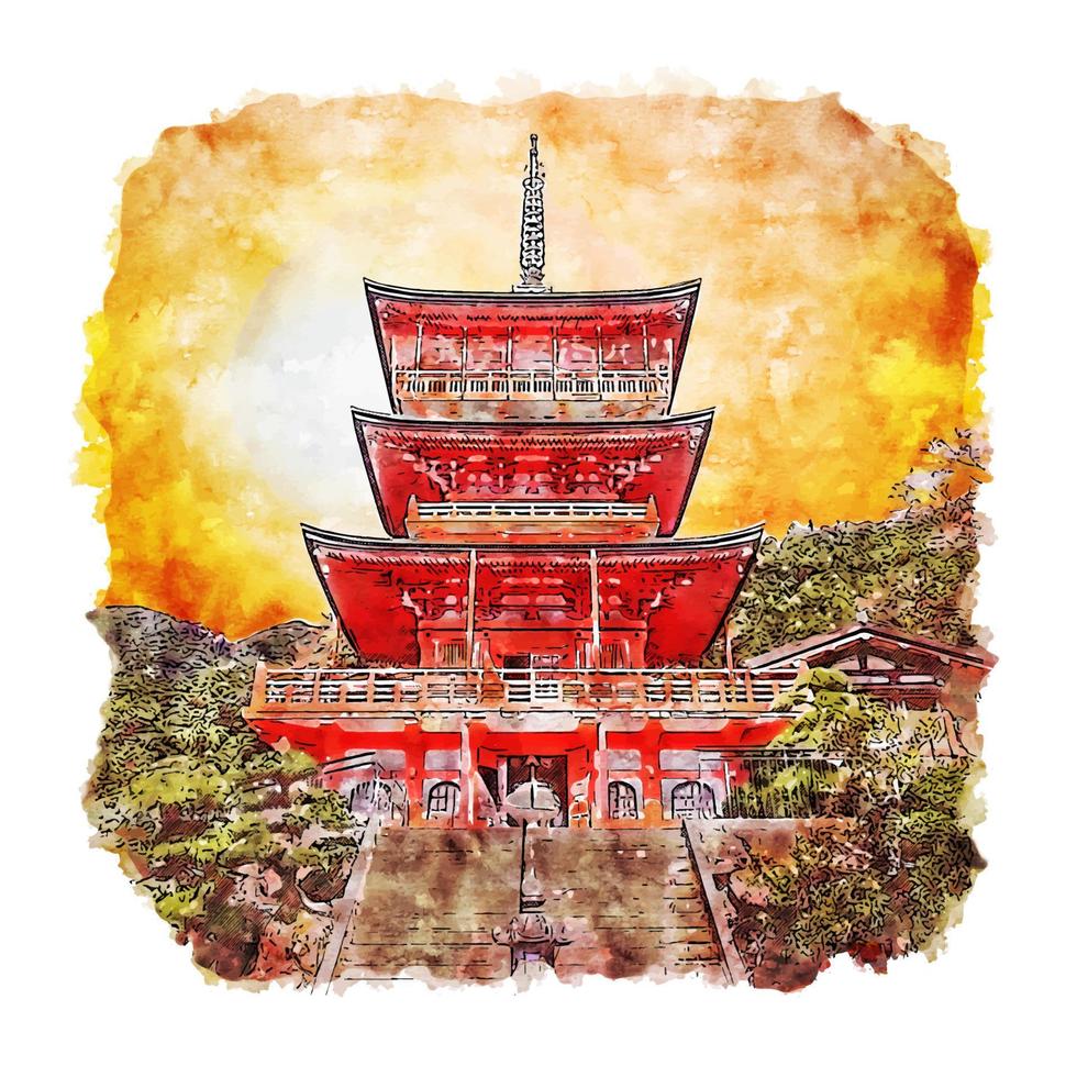 kumano nachi grand shrine japan akvarell skiss handritad illustration vektor