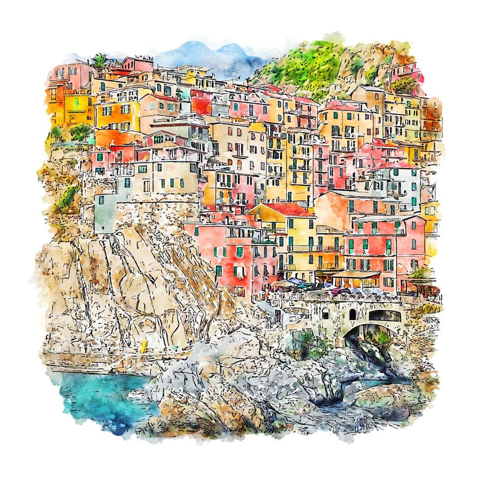 byn manarola Italien akvarell skiss handritad illustration vektor