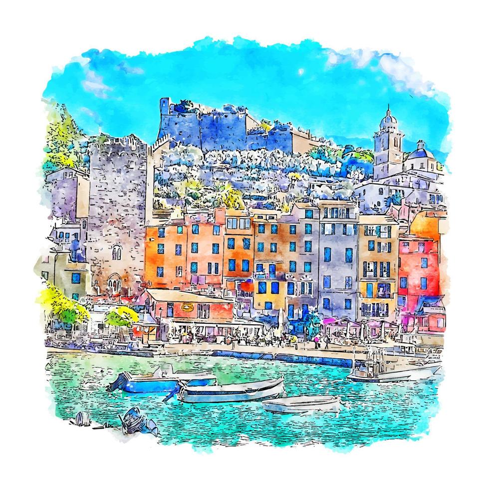 portovenere Italien akvarell skiss handritad illustration vektor