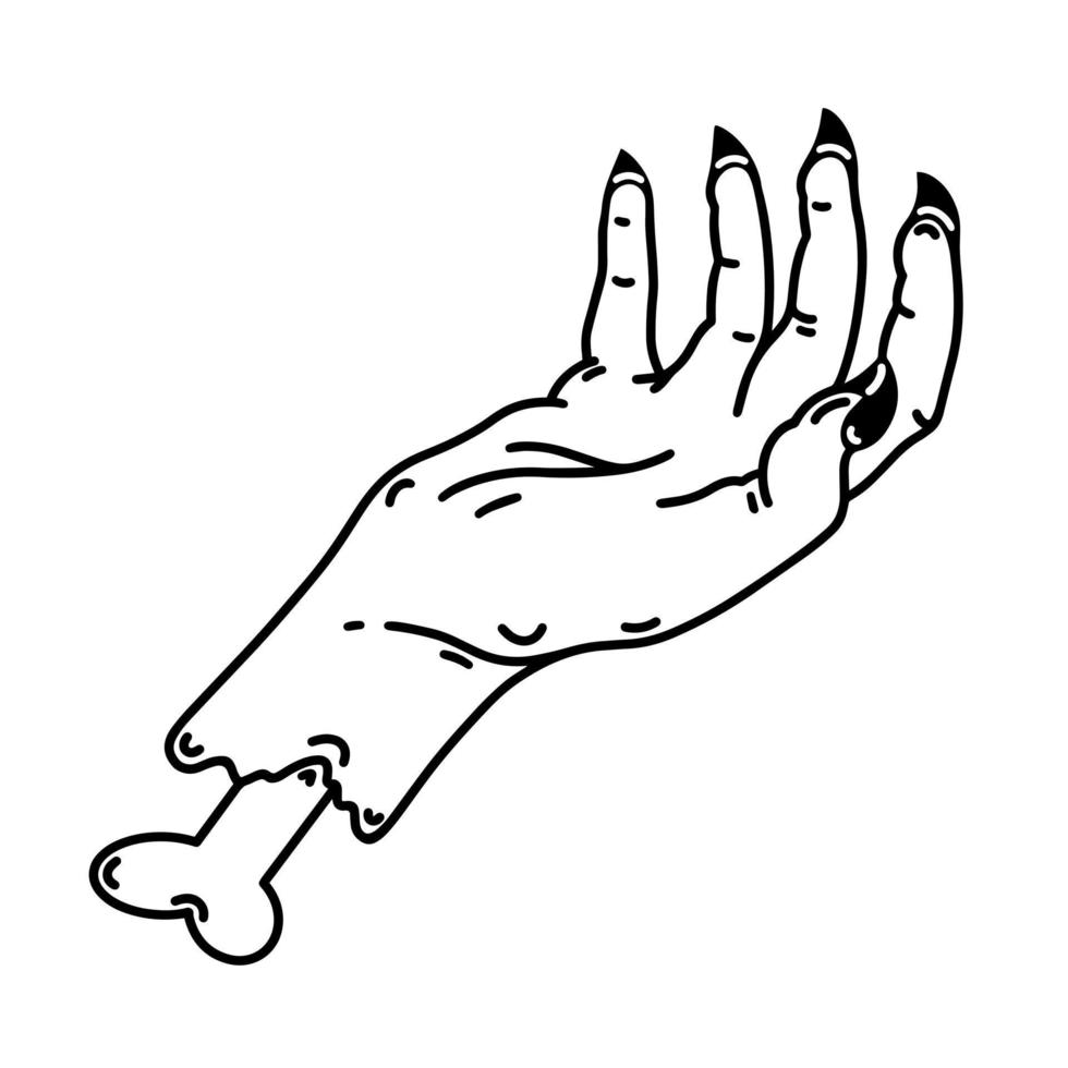 abgetrennte Zombie-Hand-Vektor-Symbol. verrottender menschlicher Handflächenumriss isoliert auf weißem Hintergrund. gruseliger Monsterarm mit Knochen, scharfen Krallen. Strichzeichnungen für Halloween, Logo, Web vektor