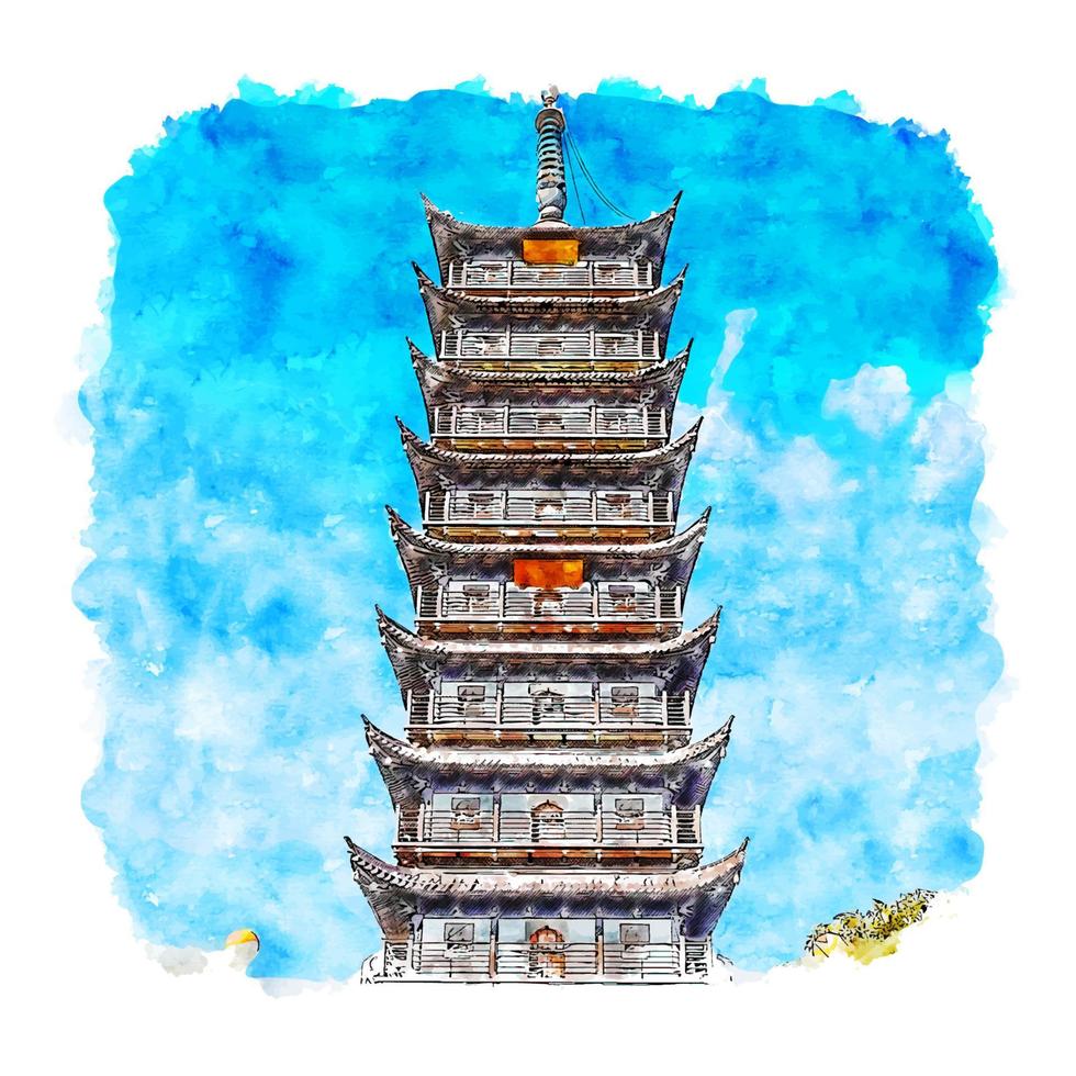 Pagode Shanghai China Aquarellskizze handgezeichnete Illustration vektor