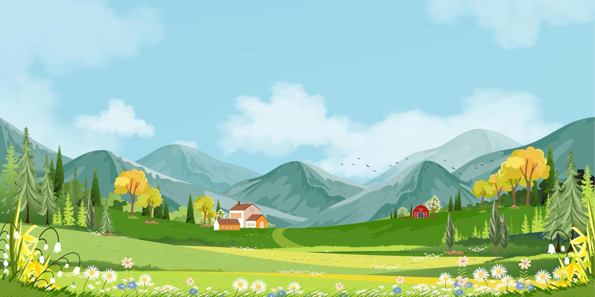 Panoramalandschaft des Frühlingsdorfes mit grüner Wiese auf Hügeln mit blauem Himmel, Vektorsommer- oder Frühlingslandschaft, Panoramalandschaft der grünen Wiese mit Bauernhaus, Scheune und Grasblumen vektor