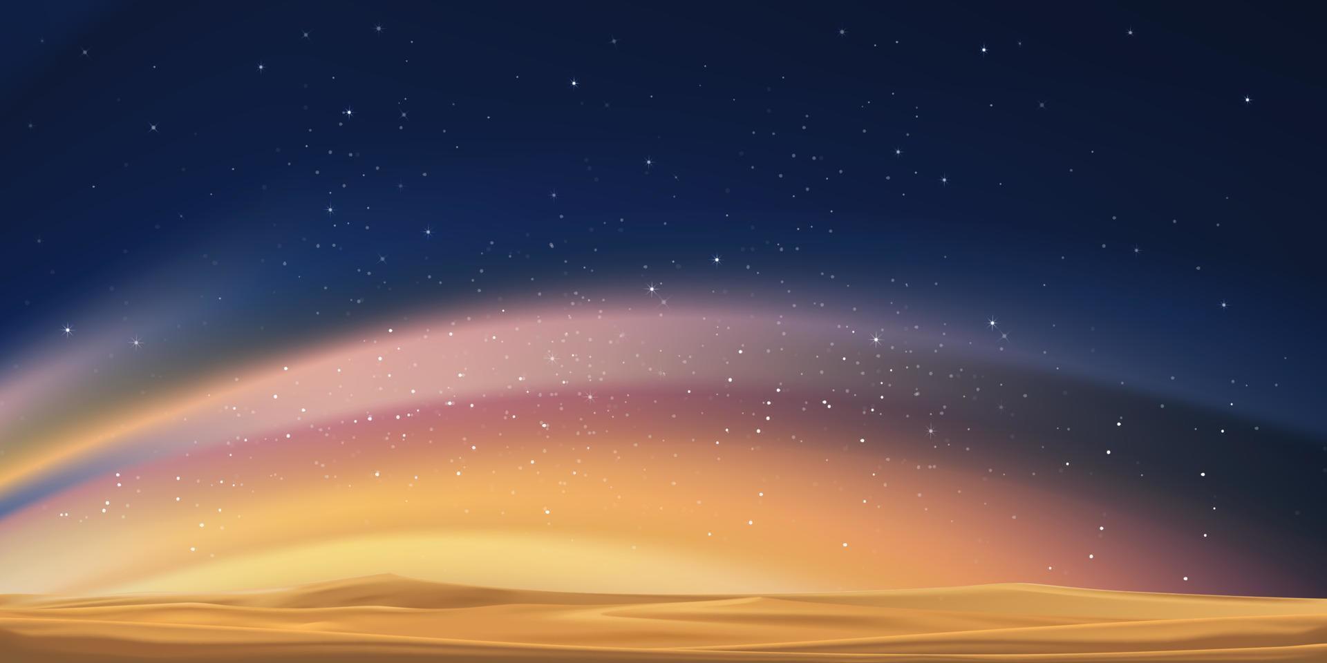 Vintergatan och orange ljus på ökensanddyner, nattfärgat landskap med stjärnhimmel, vackert universum med rymdbakgrund av galaxy.vector banner stjärnfält i natthimlen för resor bakgrund vektor