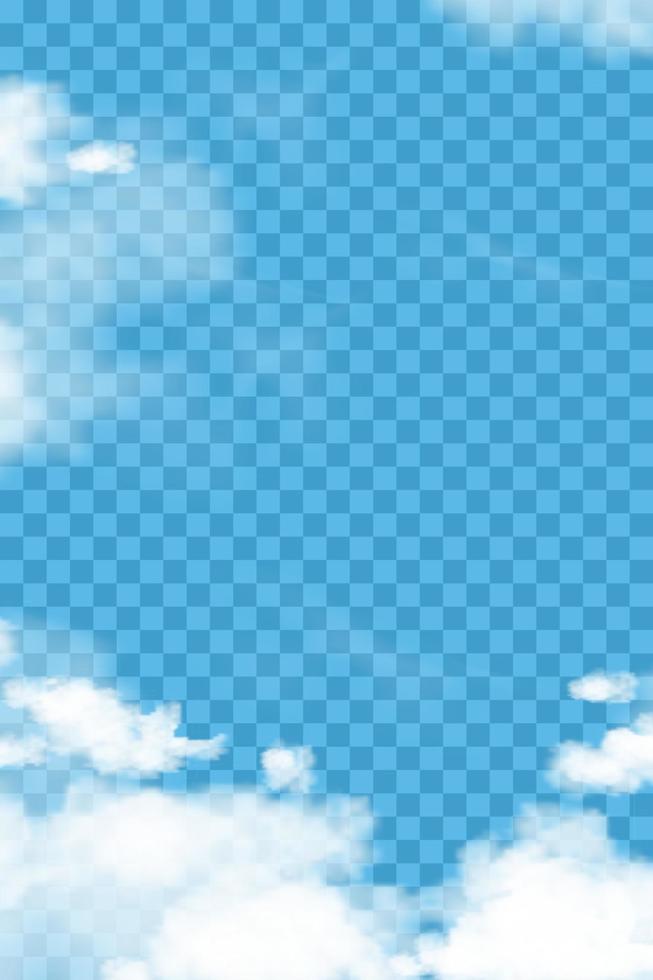 wolkenhimmel auf blauem transparentem hintergrund, hintergrundschönheit naturdekoration für webbannerabdeckung, vektor 3d illustration vertikale weiche flauschige wolken und himmel im frühling für mobilen bildschirmhintergrund