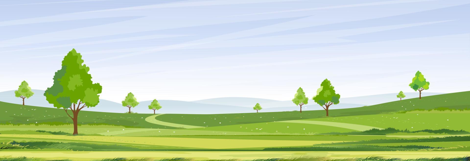 frühlingszeit, sonniger tag sommerlandschaft im dorf mit grünem feld, wolke und blauem himmel hintergrund. ländliche landschaft mit bergen, grasland, sonnenlicht am morgen, vektor naturlandschaft cartoon hintergrund