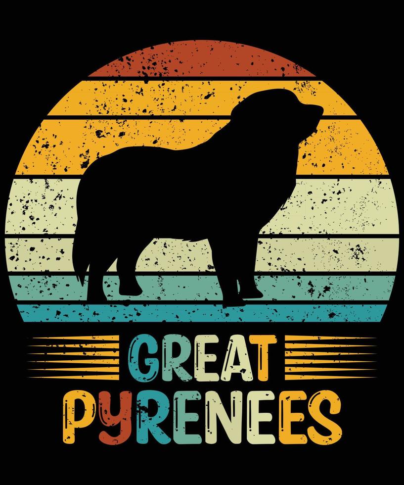 Sonnenuntergang-Silhouettegeschenke des lustigen großen Pyrenäen Vintager retro wesentlicher T - Shirt des Hundeliebhaber-Hundeinhabers vektor