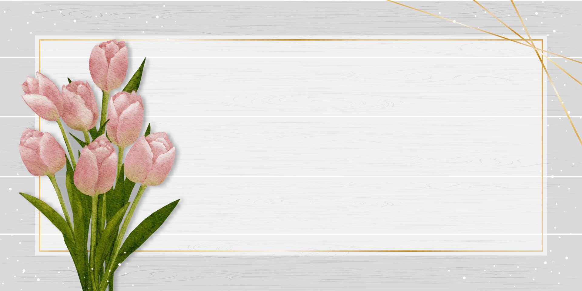 tulpan akvarellfärg med gyllene ram på träpanelbakgrund, vektor vårblomma, illustration rosa bukettflora med på träplanka textur för bröllopsinbjudan, mors dag, alla hjärtans dag