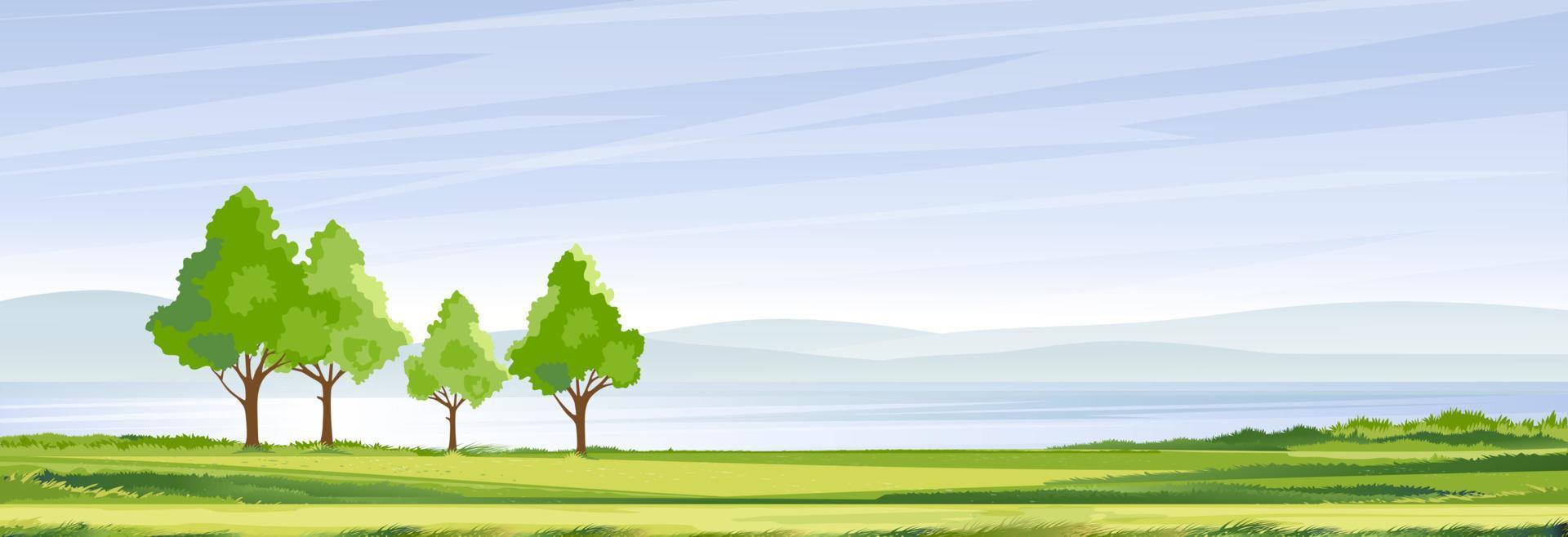 Frühlingslandschaft am Dorf am See mit grünen Feldern, Bergen, blauem Himmel und Wolken, Vektornatur-Cartoon-Landschaft im Sommer, panoramische ländliche Landschaft am Fluss mit klarem Himmel am Morgen vektor