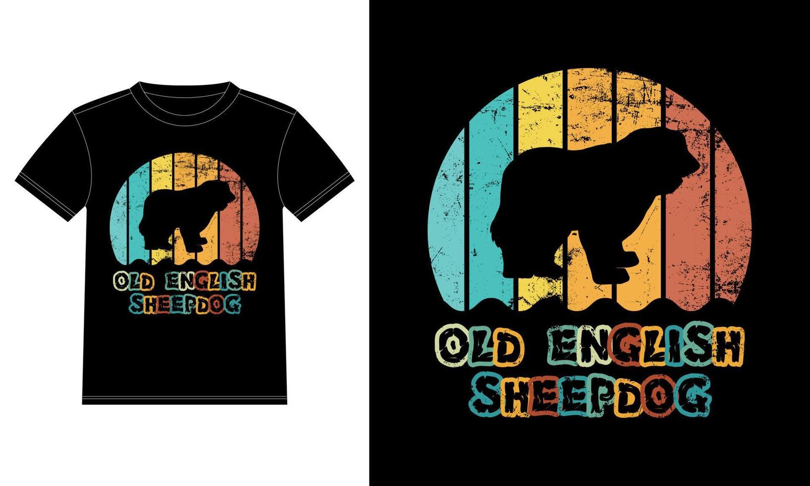 Sonnenuntergang-Silhouettegeschenke des lustigen alten englischen Schäferhundes Vintager retro wesentlicher T - Shirt des Hundeliebhaber-Hundeinhabers vektor
