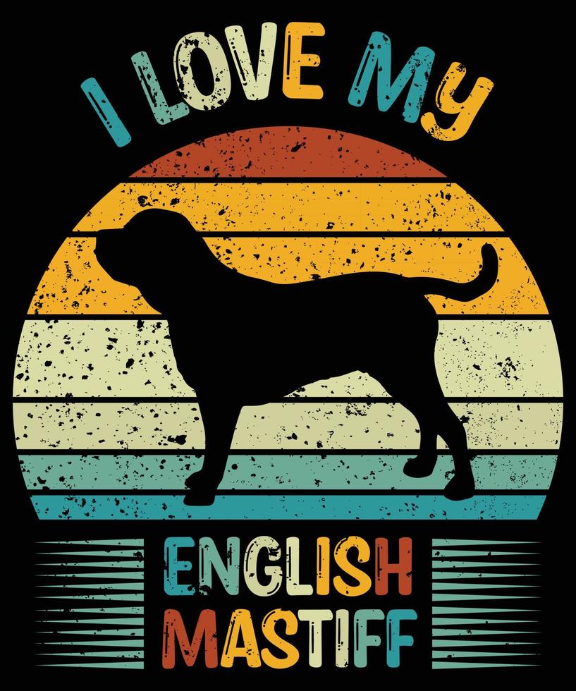 Sonnenuntergang-Silhouettegeschenke des lustigen englischen Mastiff Vintagen Retro-wesentlichen T - Shirt des Hundeliebhaber-Hundebesitzers vektor