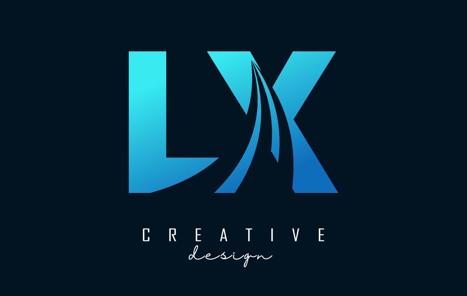 kreative blaue buchstaben lx lx logo mit führenden linien und straßenkonzeptdesign. Buchstaben mit geometrischem Design. vektor