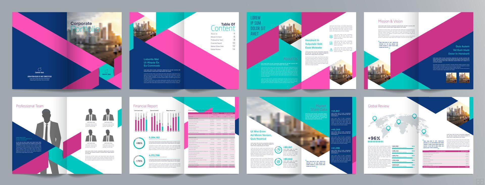 Broschürenvorlage für Unternehmenspräsentationen, Jahresbericht, 16-seitige, minimalistische, flache, geometrische Designvorlage für Geschäftsbroschüren, Größe A4. vektor