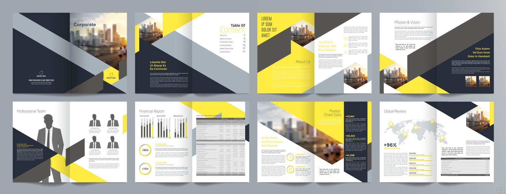 Broschürenvorlage für Unternehmenspräsentationen, Jahresbericht, 16-seitige, minimalistische, flache, geometrische Designvorlage für Geschäftsbroschüren, Größe A4. vektor