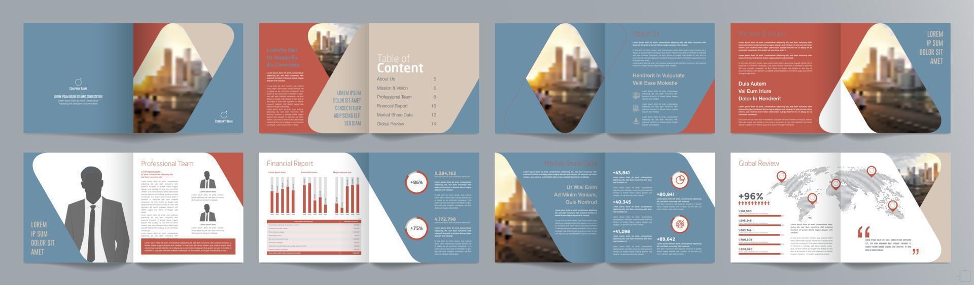 företagspresentation guide broschyr mall, årsredovisning, 16 sidor minimalistisk platt geometrisk affärsbroschyr designmall, kvadratisk storlek. vektor